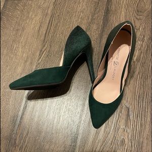 Green velvet snake print heels